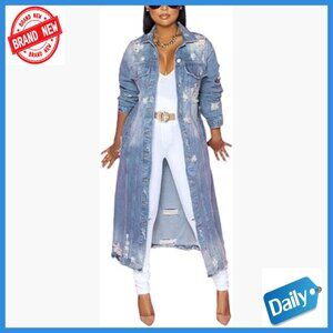Long Denim Jacket Trench Coat Ripped Holes Slim Fit Spring Outerwear